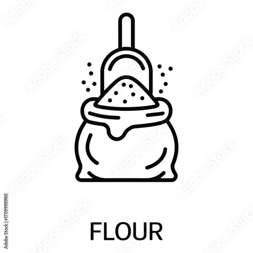Flour sack with scoop and grains for baking and cooking ingredients in black and white line art style silhouette