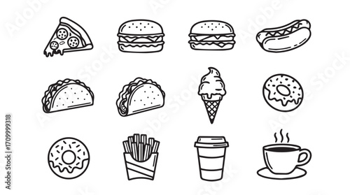 Doodle style fast food icons set featuring pizza burgers hot dogs tacos ice cream donuts coffee fries silhouette