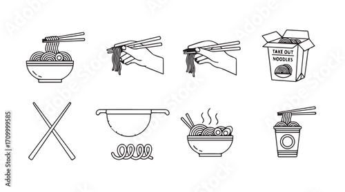 Doodle style icons representing asian food preparation and consumption with chopsticks silhouette