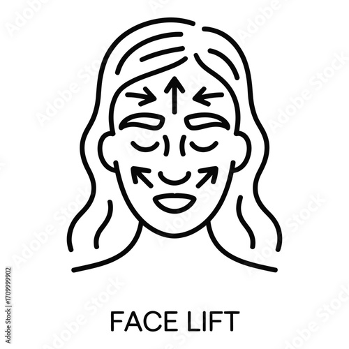 Face lift procedure illustration showing arrows for skin tightening and rejuvenation process on woman silhouette