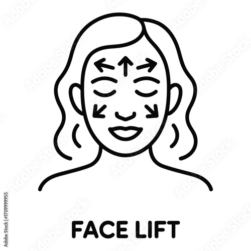 Woman getting a face lift with arrows indicating the procedure on her face with wavy hair style silhouette
