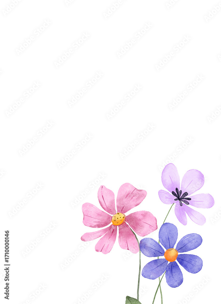 Obraz premium Watercolor flowers, floral frame border for greeting card, invitation and other printing design. Isolated on white. Hand drawing. 