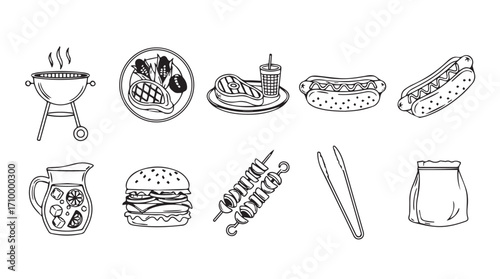 Hand drawn barbecue food icons set fresh summer grill meal ingredients and cooking equipment collection silhouette