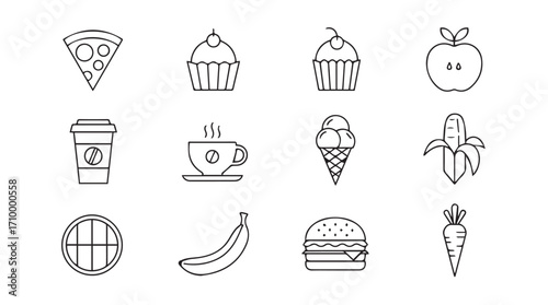 Hand drawn food icons collection fresh delicious meals and drinks for your designs silhouette