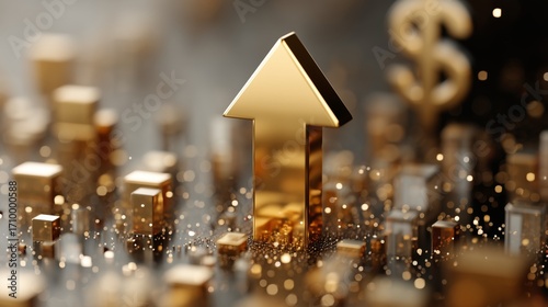Golden Upward Arrow Surrounded by Rectangular Data Blocks and Dollar Symbol on Dark Surface with Sparkling Effects Representing Economic Growth, Financial Expansion, and Market Rise