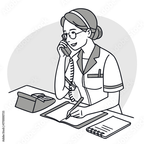 Telephone operator answering calls, woman in simple uniform, thin glasses, hair slicked back, rotary phone, organized desk with diary and papers.