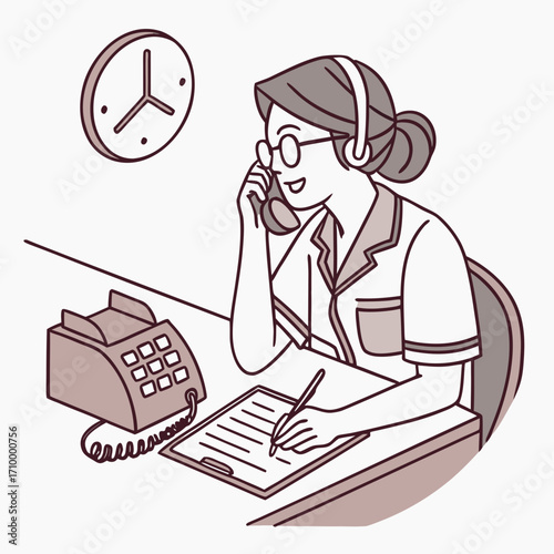 Telephone operator answering calls, woman in simple uniform, thin glasses, hair slicked back, rotary phone, organized desk with diary and papers.