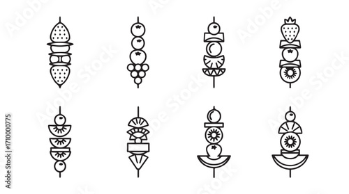 Hand drawn appetizer skewers collection diverse food party snacks casual gathering bites silhouette