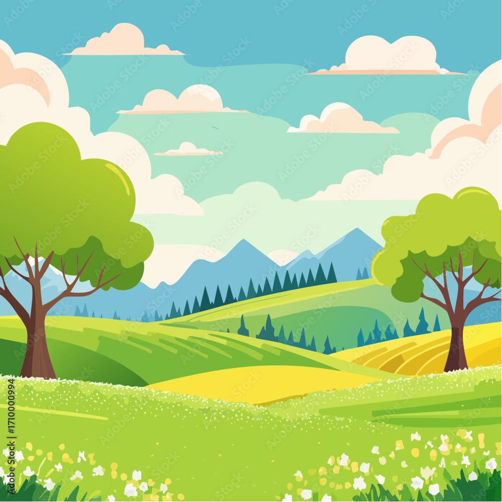 Fototapeta premium spring landscape with trees in the foreground and hills with vibrant blooming meadow
