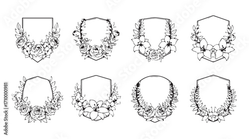 Collection of eight ornate floral frames decorative vintage embellishments for design silhouette