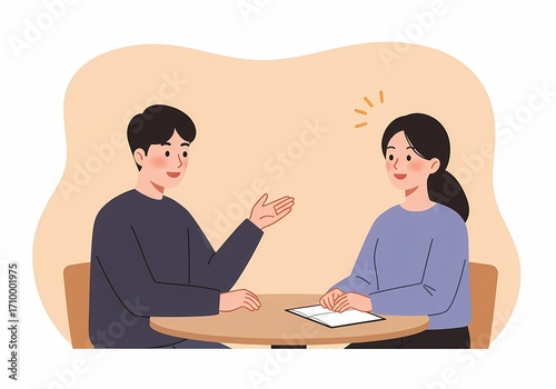 Illustration of two people sitting at a table, one person talking with gestures while the other listens carefully, symbolizing communication and active listening