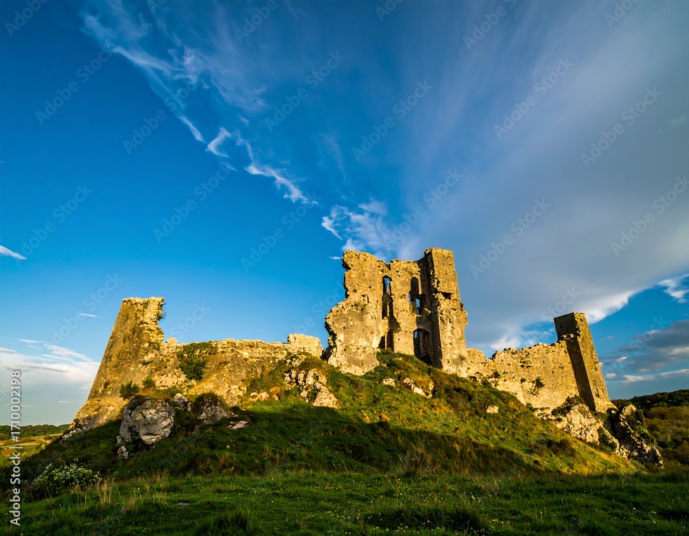 Obraz premium Ruined stone castle on a grassy hilltop under a vibrant blue sky