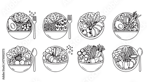 Eight delicious healthy food bowls with fresh ingredients and utensils line art style silhouette