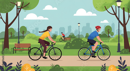 People Cycling in a Park. Healthy Lifestyle, Recreation, and Outdoor Activity Concept.