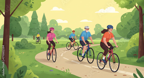 Group of People Cycling in a Park on a Sunny Day, Healthy Lifestyle