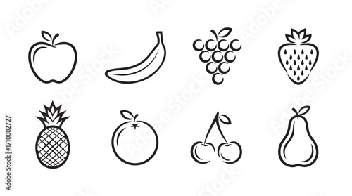 Hand drawn fruit collection featuring apple banana grapes strawberry pineapple orange cherries pear silhouette