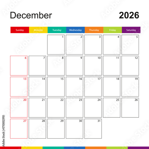 December 2026 colorful wall calendar, week starts on Sunday.