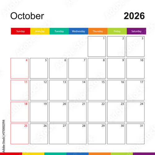 October 2026 colorful wall calendar, week starts on Sunday.