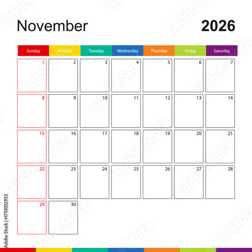 November 2026 colorful wall calendar, week starts on Sunday.