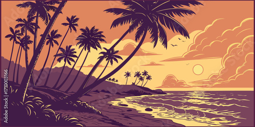 Tropical Beach at Sunset with Island
