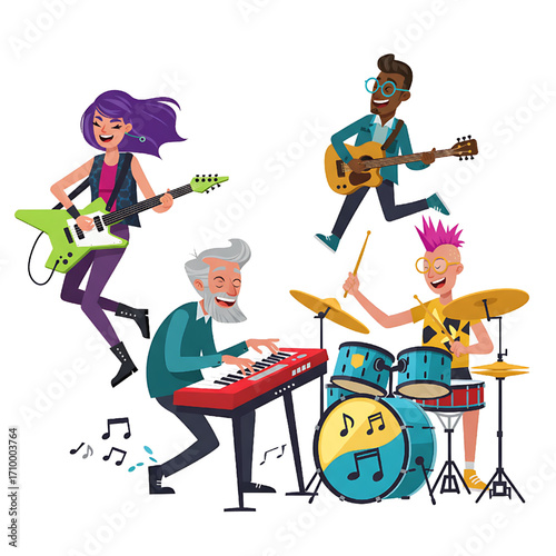 Cartoon band performing music, musicians playing instruments, rock concert, illustration