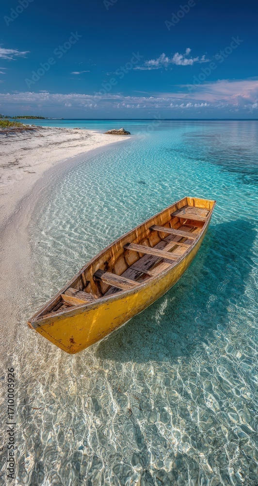 Fototapeta premium A vibrant yellow boat floats in crystal-clear turquoise water near a white sand beach under a blue sky