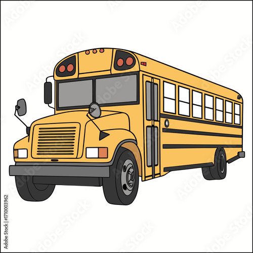 Yellow classic school bus. Side view. School bus for kids books. Vector flat illustration school bus isolated on white background. Back to school.
