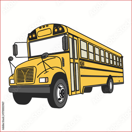 Yellow classic school bus. Side view. School bus for kids books. Vector flat illustration school bus isolated on white background. Back to school.
