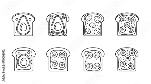 Hand drawn sketch style avocado and fruit toast slices collection for healthy breakfast food silhouette