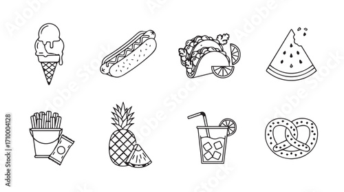 Hand drawn doodle icons of popular foods and drinks for a whimsical design silhouette