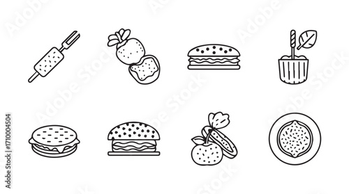 Hand drawn sketch icons of delicious food items for culinary graphics silhouette