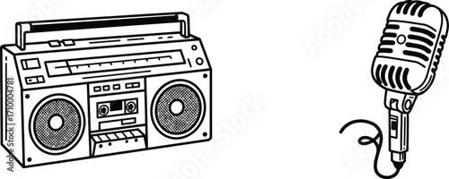 Vintage boombox and microphone illustration a nostalgic musical setup