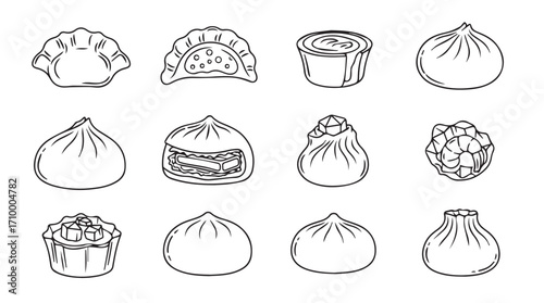 Collection of delicious asian dumplings and buns hand drawn line art icons set silhouette