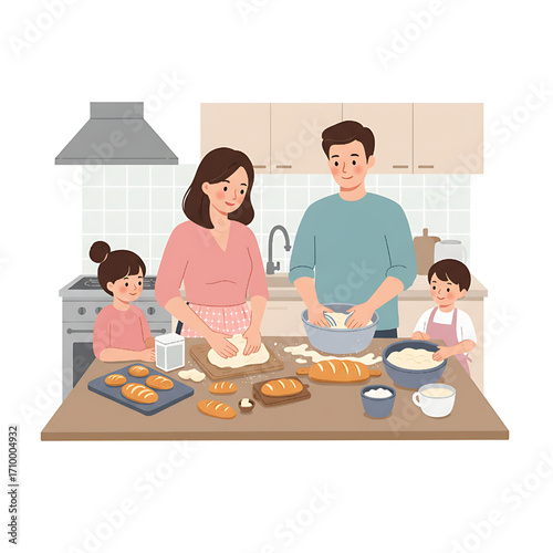 Family baking bread together in the kitchen illustration with kids