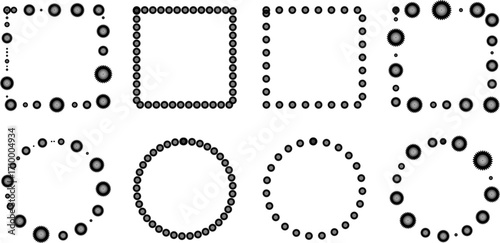 collection of ornate and decorative black frames in various shapes including rectangular and circular, featuring a symmetrical and intricate pattern of gears, all on a simple solid gray background
