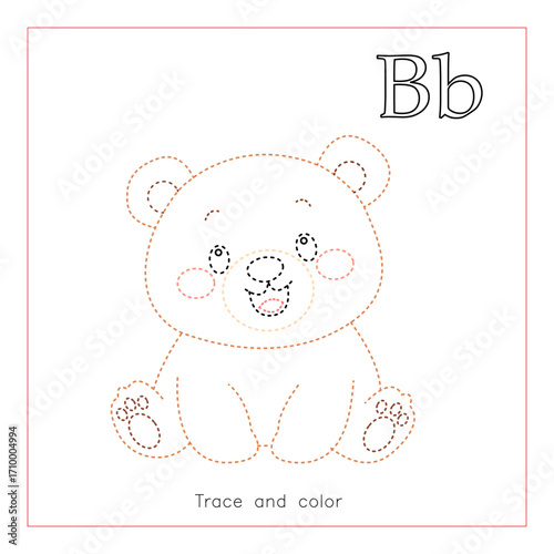Cute bear tracing and coloringworksheet with letter B. Educational printable for preschool kids, learning alphabet, writing practice and fine motor skills development