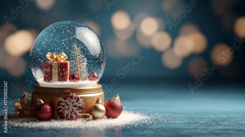 Festive christmas snow globe with sparkling holiday decorations and elegant display platform for products, surrounded by a magical winter background creating a cozy seasonal atmosphere for greeting ca