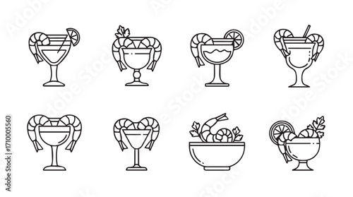 Seafood appetizer collection shrimp cocktails and garnished drinks line art icons set silhouette