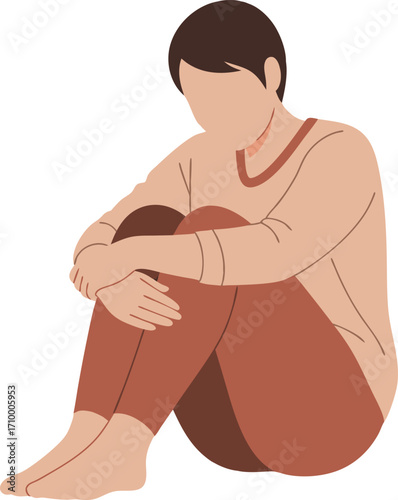 Lonely Sad Woman Sitting Alone Mental Health Minimalist Illustration