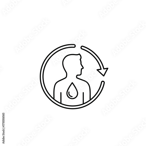 Vector art of black and white line art illustration of human metabolism icon, depicting the body and a circulating arrow