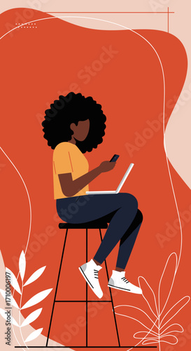 Young man multitasking with laptop and smartphone, working remotely from a comfortable beanbag at home. Digital lifestyle, flexible work.