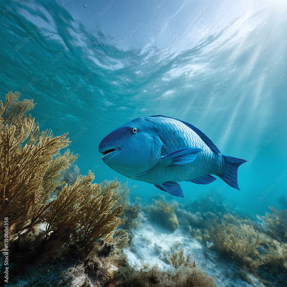 Fototapeta premium Vibrant underwater scene featuring a blue parrotfish swimming gracefully near coral reefs, sunbeams filtering through clear turquoise water. Symbol of ocean life, beauty, tranquility.