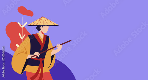 An engaging flat illustration showcases an Asian person adorned in a traditional conical hat and holding a stick, set against a modern minimalist purple scene.
