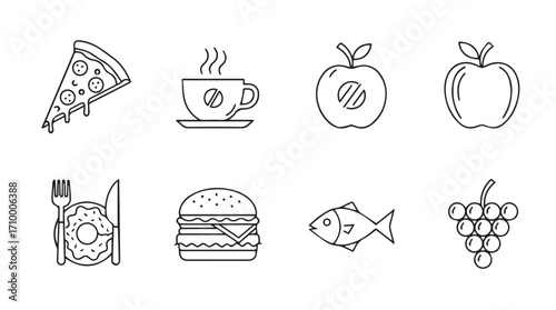 Collection of hand drawn food icons pizza coffee apple burger fish grapes and salad simple sketch style silhouette