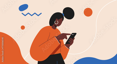 A modern illustration depicts a stylish young Black woman actively engaging with her smartphone, highlighting digital communication and connectivity.