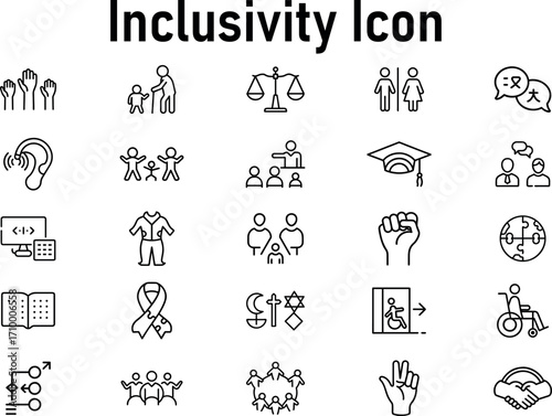 Collection of inclusivity icons, isolated on transparent background, representing diversity, equality, accessibility, and human rights in a modern, minimalist style