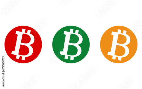 Set of red, green and orange bitcoin symbol icon with circular shape vector