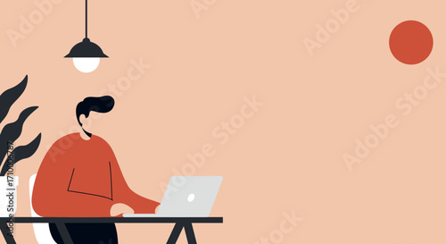 Man working remotely on laptop at a modern desk with a plant and lamp. Ideal for business, technology, and freelance concepts.