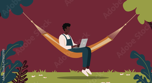 Relaxed man working remotely on a laptop in a hammock. Illustrates flexible work, digital nomad lifestyle, leisure, and modern productivity concepts.