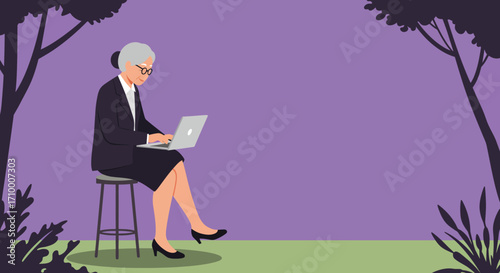 Elderly businesswoman working remotely on a laptop outdoors. Represents modern senior professionals, digital literacy, and flexible work lifestyles.